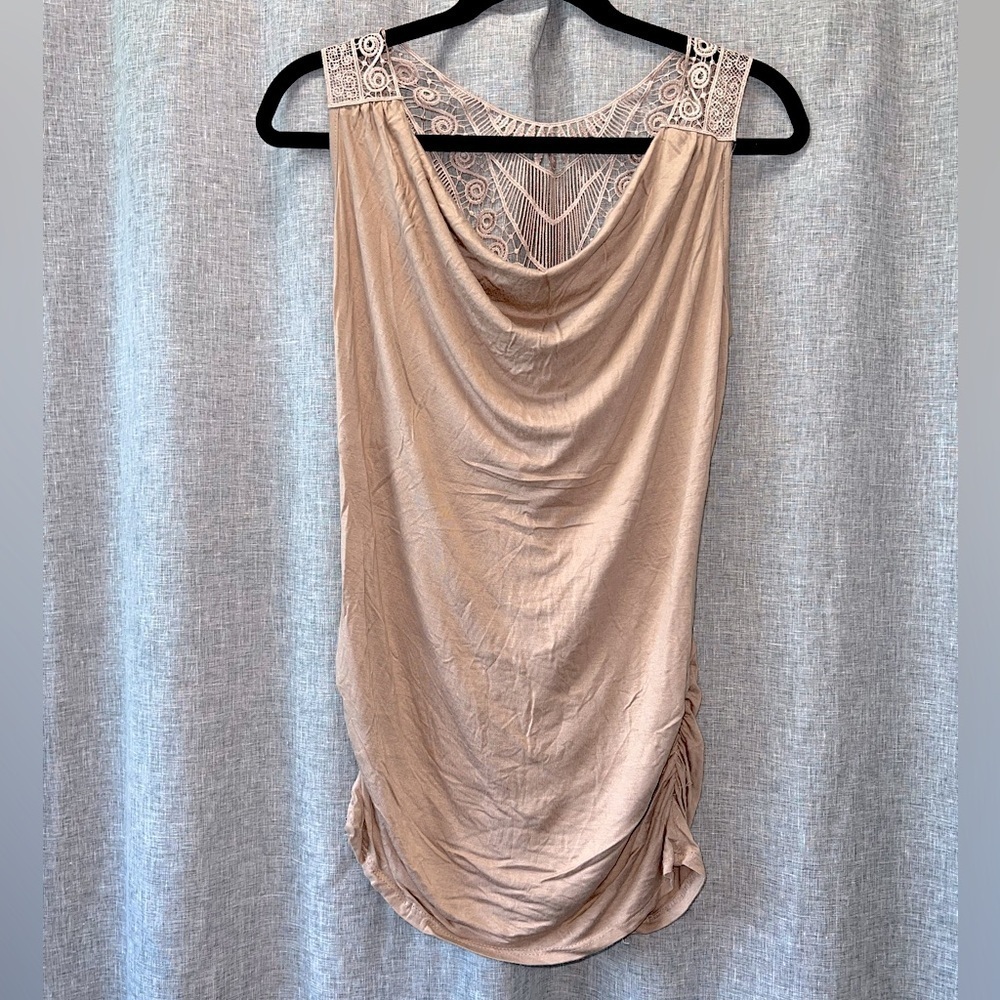 BluHeaven Taupe Drape Front Sleeveless Top w/ Crochet Back – Size Medium